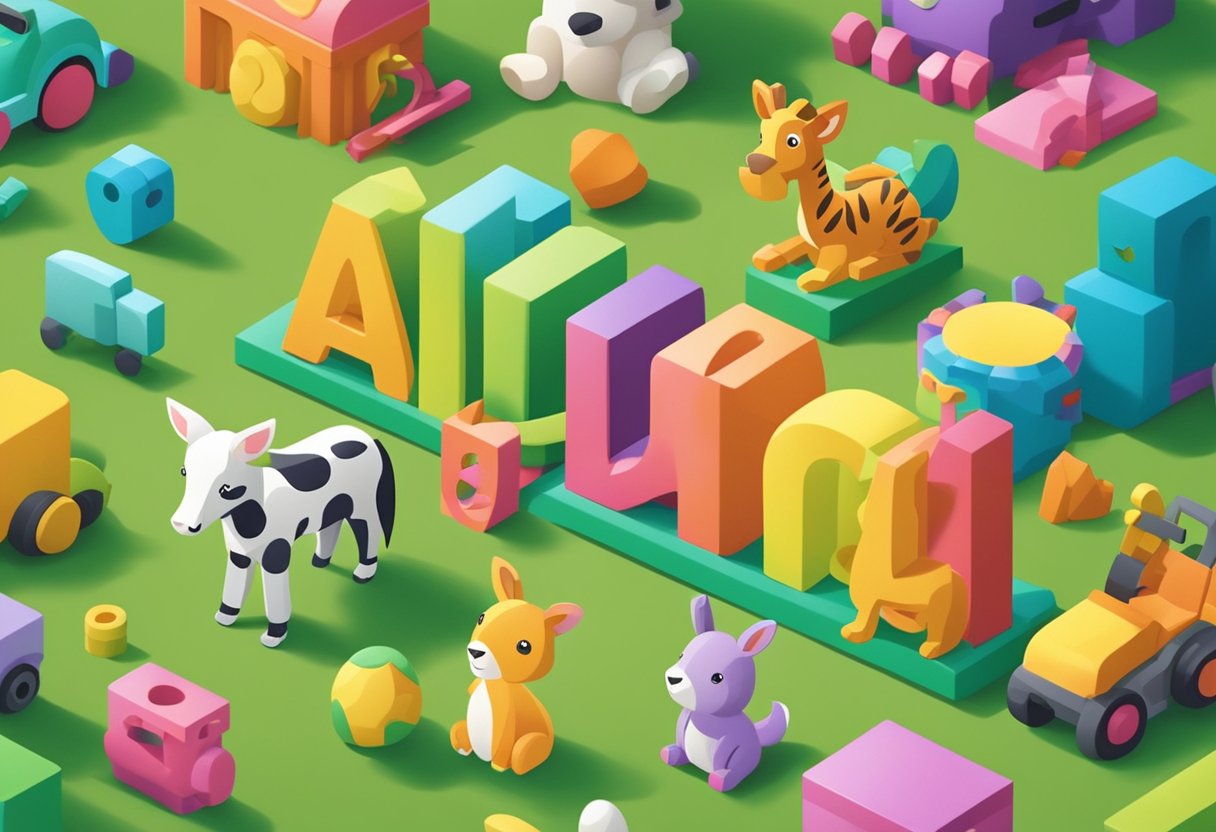 Aileen's name written in colorful block letters surrounded by playful toys and cheerful animals
