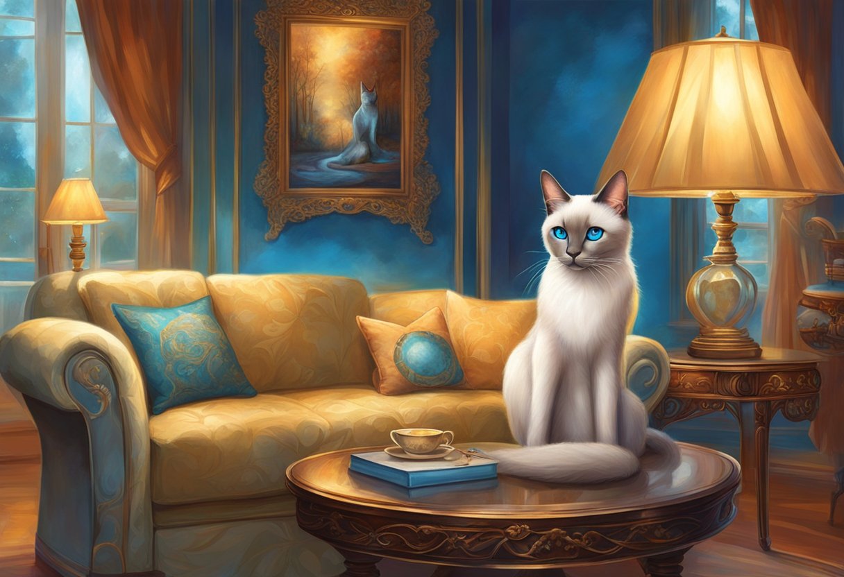 A Siamese cat sits proudly in a cozy living room, surrounded by elegant furniture and luxurious decor. Its striking blue eyes and sleek, pointed fur make it a rare and captivating sight