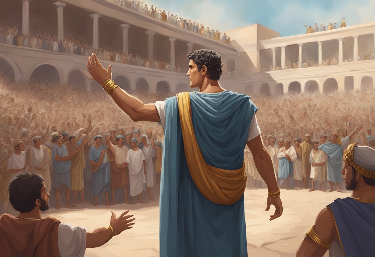 Mark Antony stands before a cheering crowd, delivering a passionate speech with confidence and authority. The crowd is captivated by his words, hanging on his every gesture