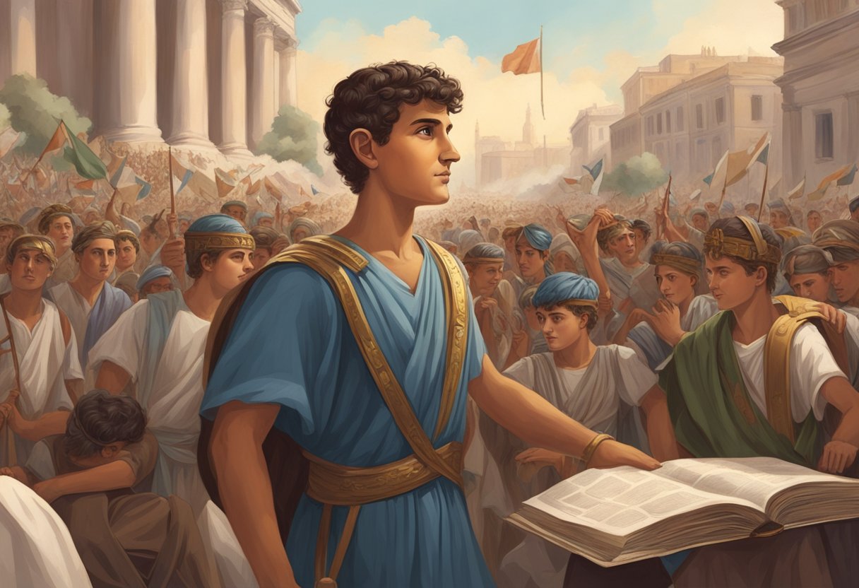 Mark Antony's early life: a young boy studying history and military strategy, surrounded by books and maps. His rise to power: a triumphant procession through the streets, adorned with laurel wreaths and hailed by cheering crowds