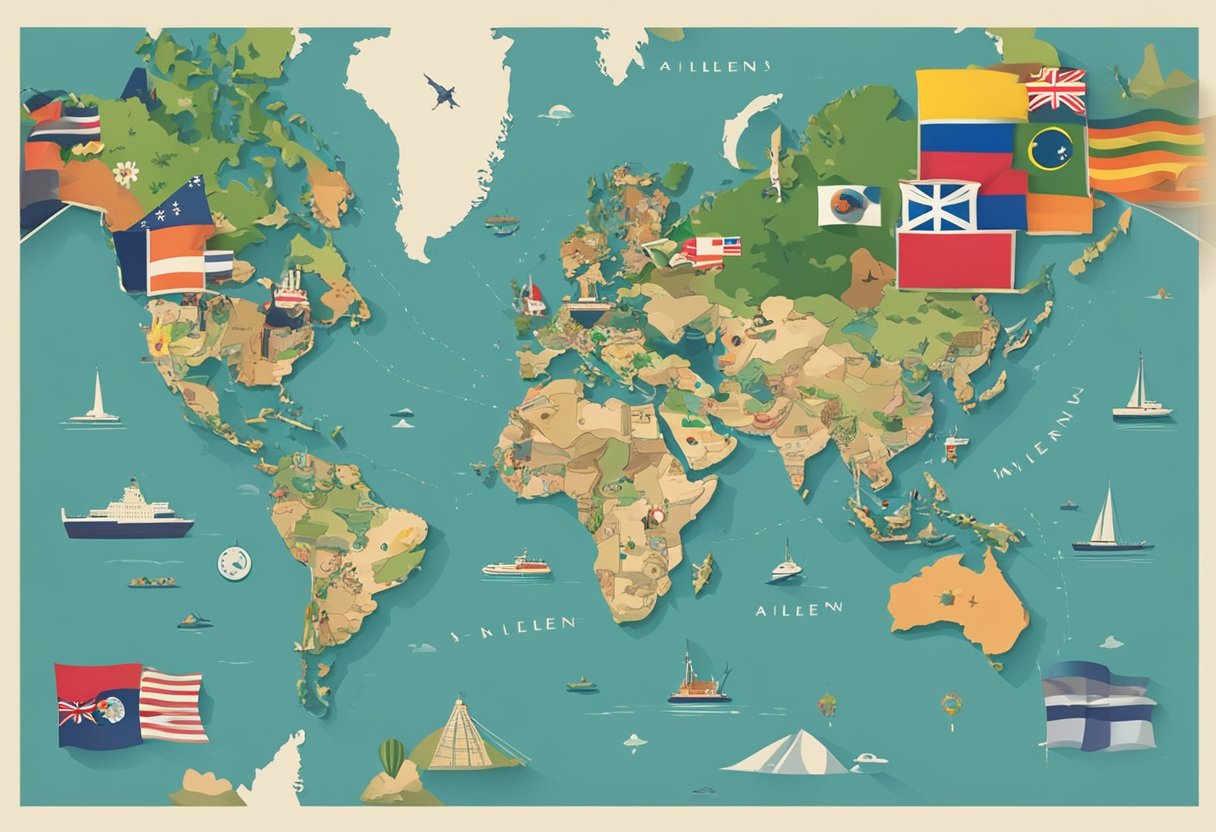 Aileen name displayed on a world map with various flags and cultural symbols surrounding it