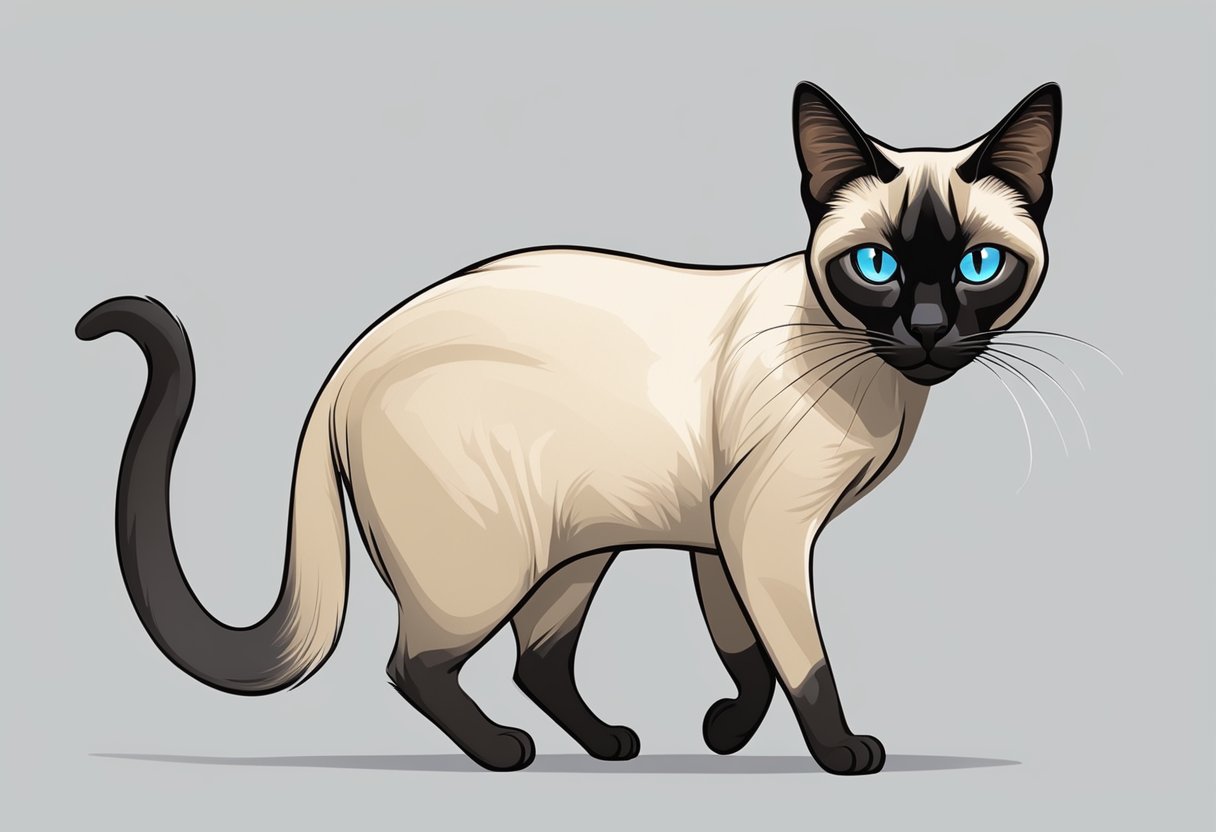 A sleek Siamese cat prowls with focused eyes, ready to pounce on its prey