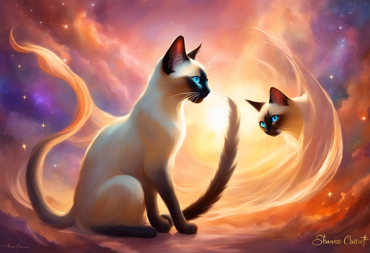 Two Siamese cats playing with a "Adoption and Cost Are Siamese Cats Rare?" sign in the background