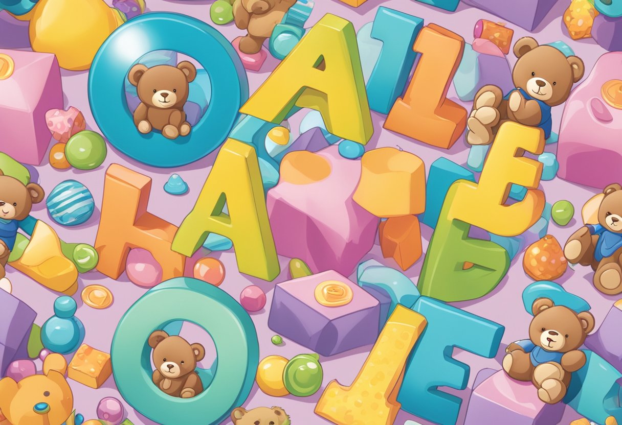 Aimee's name written in colorful block letters with a playful font, surrounded by baby-themed illustrations like rattles, pacifiers, and teddy bears