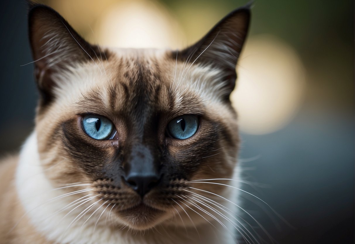 A Siamese cat hisses with arched back, ears flattened, and narrowed eyes, ready to strike