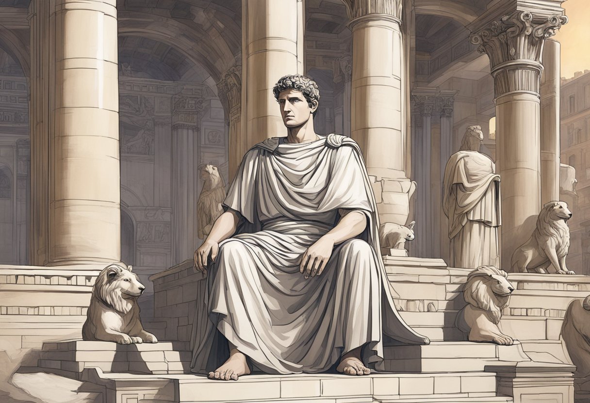Mark Antony's legacy depicted through Roman architecture and symbols, with a focus on his influence on politics and culture