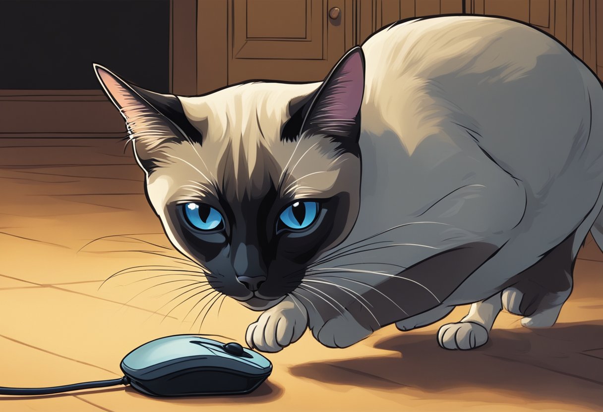 A Siamese cat stalking a mouse in a dimly lit room, with intense focus and poised to pounce