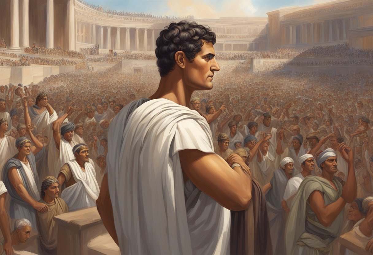 Mark Antony exudes confidence and authority as he addresses the crowd, his words commanding attention and respect. The onlookers are captivated by his charismatic presence