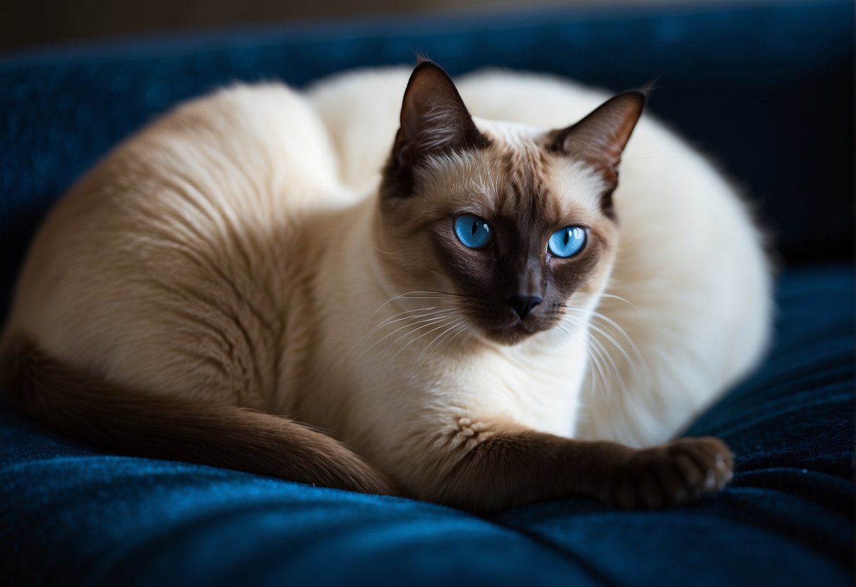 A regal Siamese cat lounges on a velvet cushion, its piercing blue eyes gazing off into the distance. The sleek, slender body exudes an air of mystery and elegance, capturing the essence of the enigmatic Siamese breed