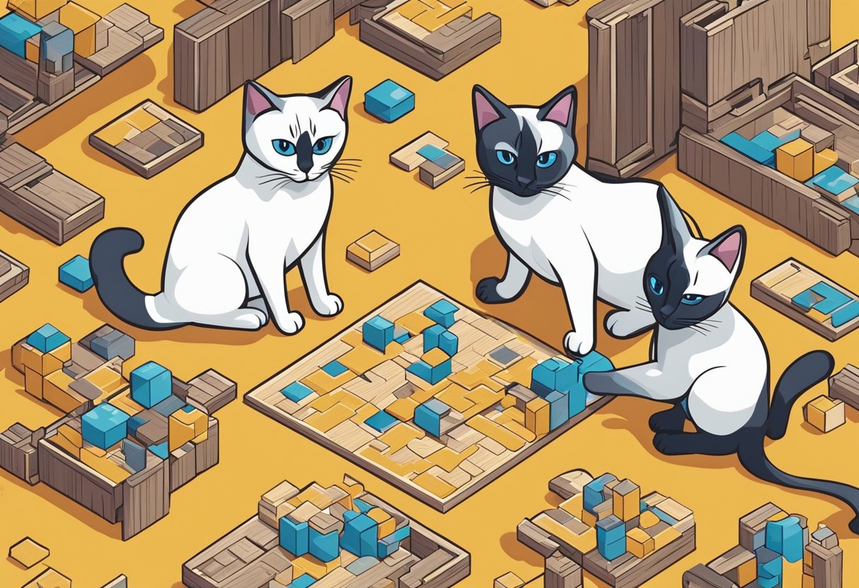 Two Siamese cats play with puzzles, showing their friendly and intelligent nature