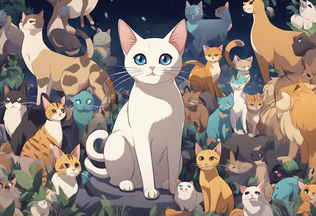 A Siamese cat sits among various animals, meowing loudly. The other critters around it appear to be unfazed by the noise