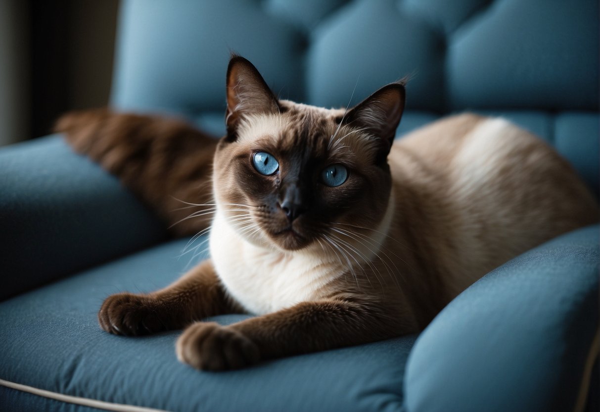 A Siamese cat lounges on a plush cushion, its piercing blue eyes gazing intently at something off in the distance. The sleek, muscular body is poised and elegant, exuding an air of regal confidence