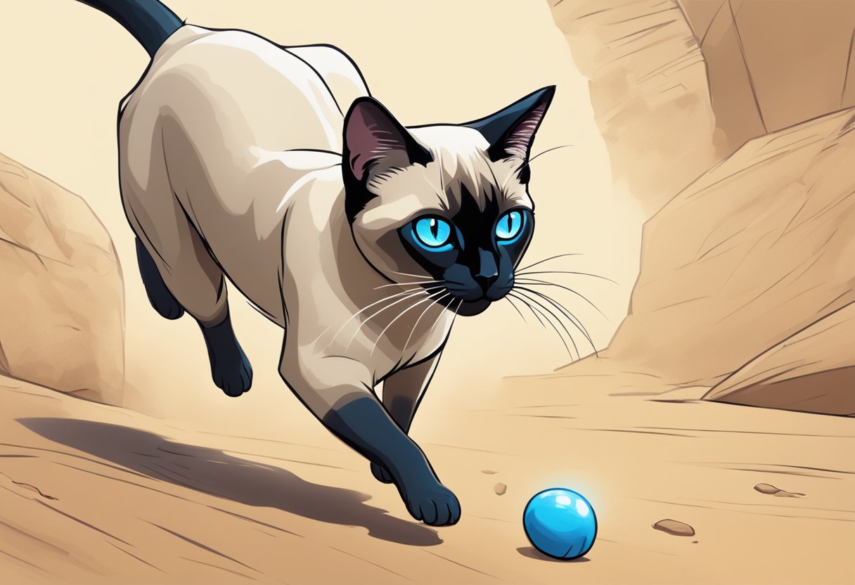 A Siamese cat pounces on a mouse, its piercing blue eyes focused and its sleek body poised for the kill. Another Siamese cat watches from a distance, ready to intervene if needed