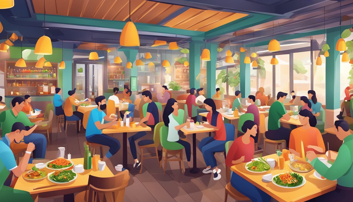 A bustling vegetarian restaurant with colorful decor and aromatic dishes being served to happy customers