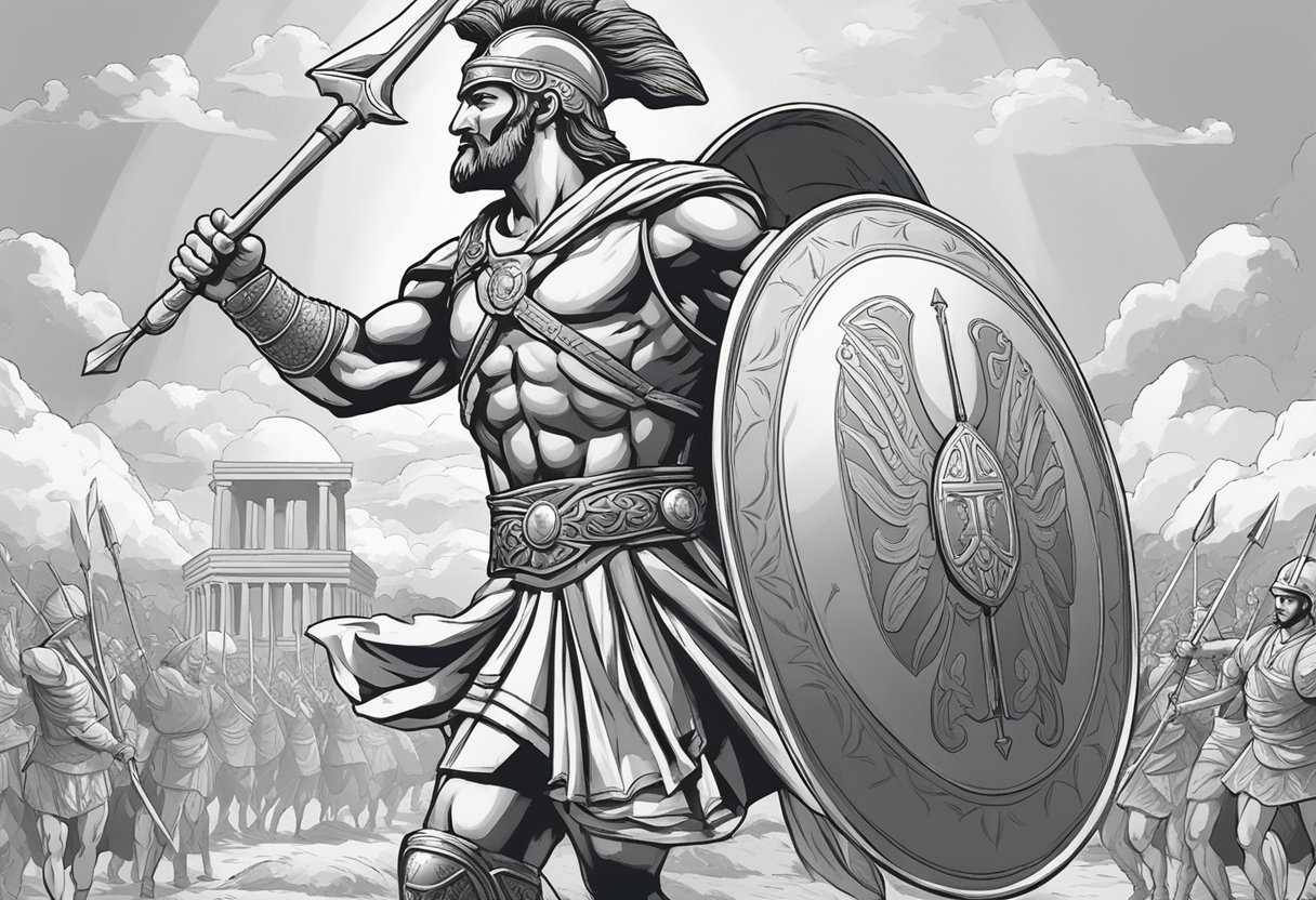 A Greek warrior holds a shield emblazoned with the word "Ajax" as he stands triumphantly on the battlefield