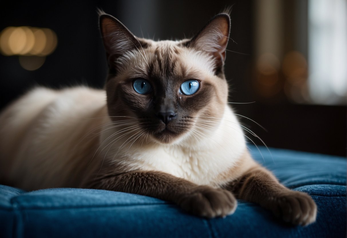 A Siamese cat lounges on a velvet cushion, piercing blue eyes gazing intently. Its sleek, elegant form exudes an air of mystery and intelligence, challenging the viewer to unravel its enigmatic nature