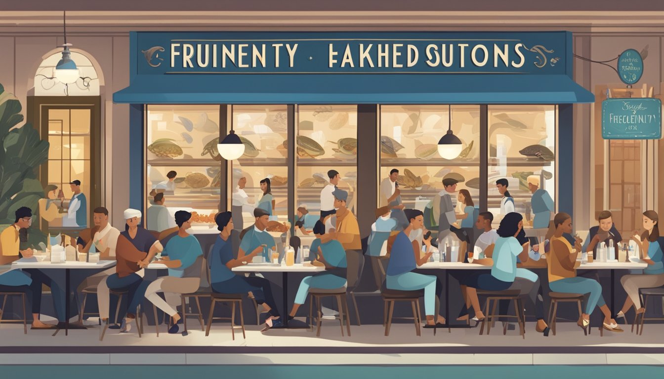 A bustling seafood restaurant with diners enjoying their meals, waitstaff bustling about, and a sign reading "Frequently Asked Questions" prominently displayed