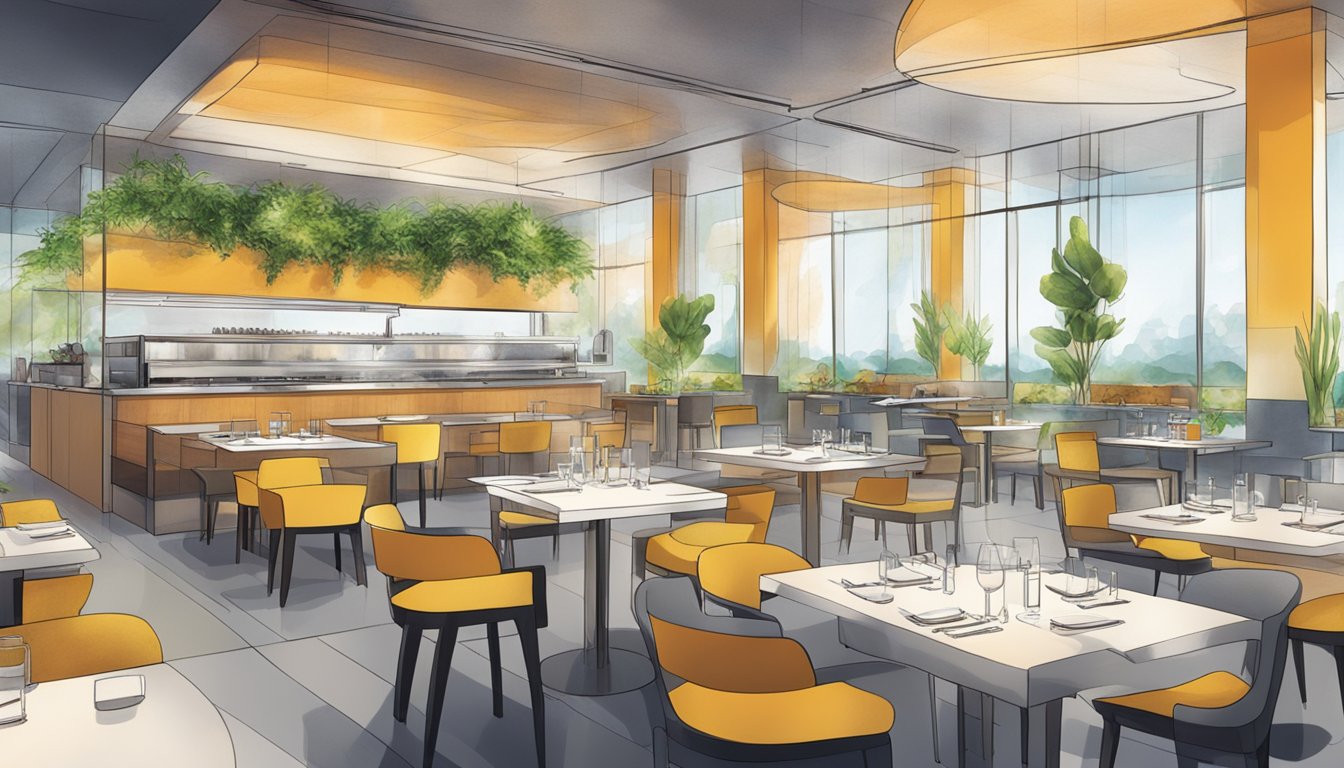 The restaurant's air hums with sustainable culinary innovations. A sleek, modern space with eco-friendly design elements and a vibrant, inviting atmosphere