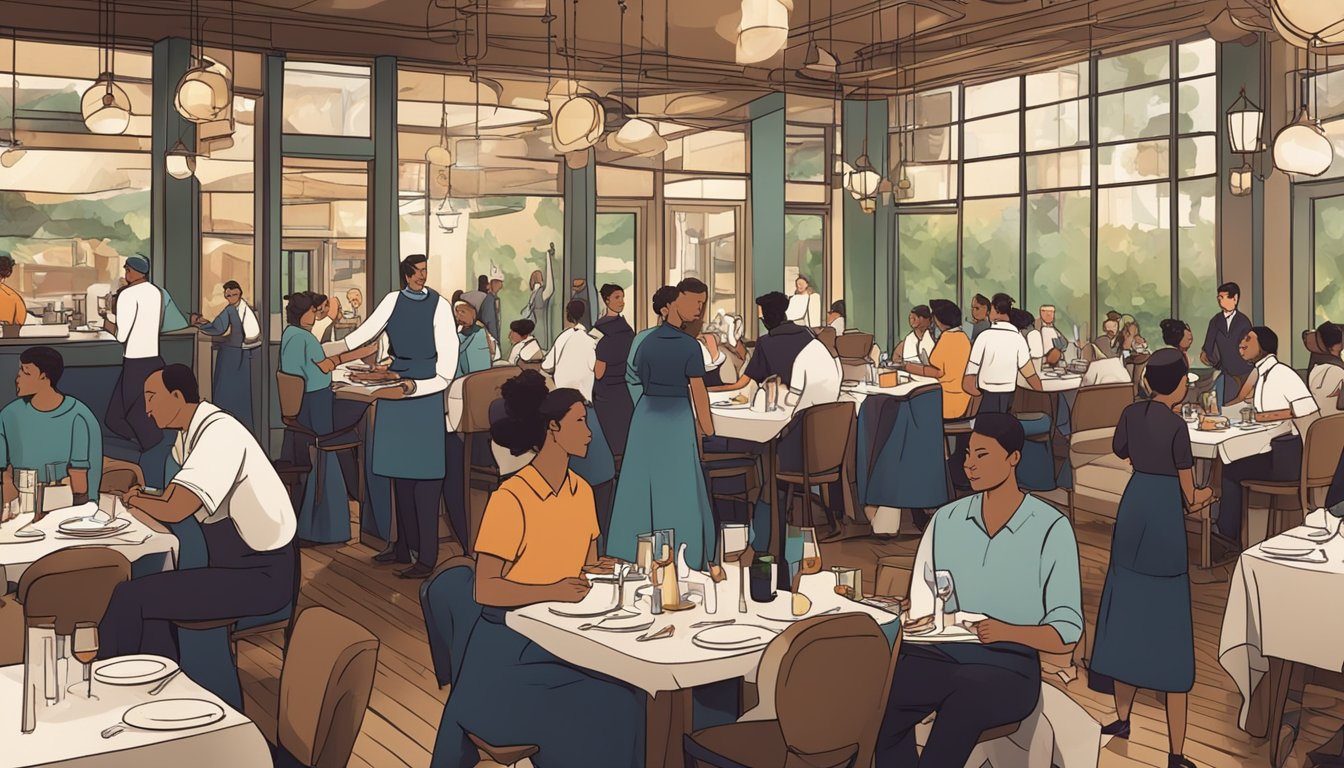 A busy restaurant with people dining, and waitstaff moving around. The air is filled with the sound of chatter and clinking of dishes