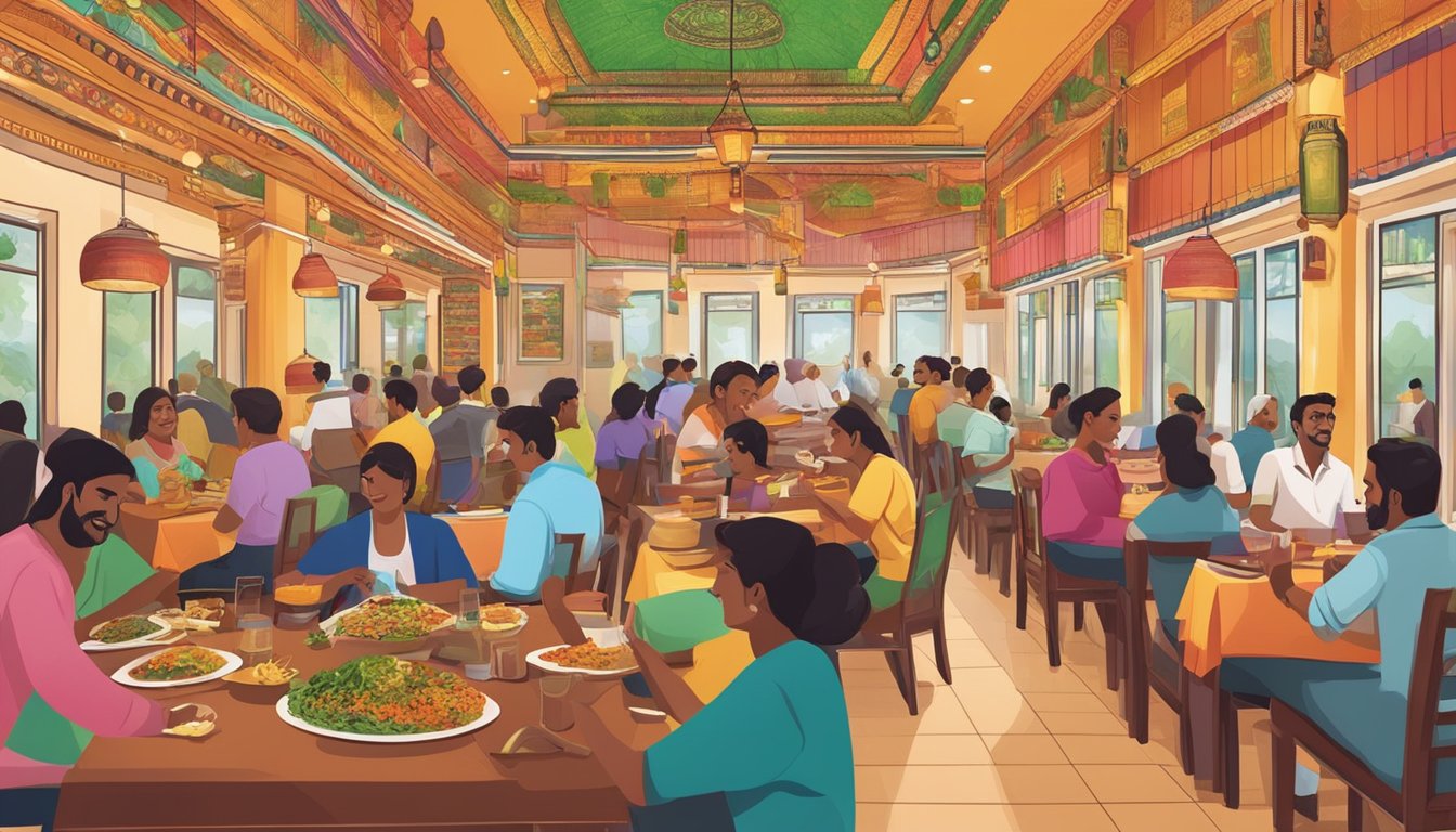 A bustling restaurant with colorful decor and aromatic spices wafting through the air. Tables are filled with diners enjoying traditional South Indian cuisine