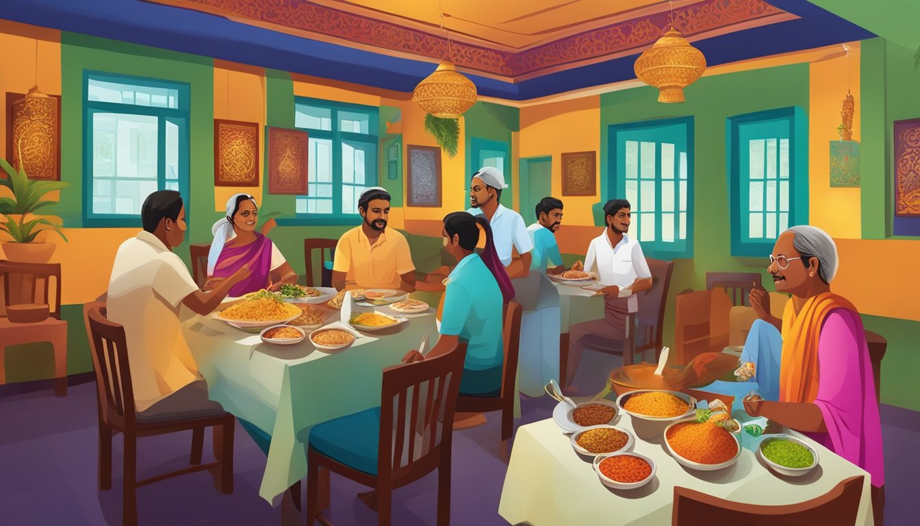 Customers savoring flavorful Indian dishes at Ponnusamy Restaurant, surrounded by vibrant decor and the aroma of spices