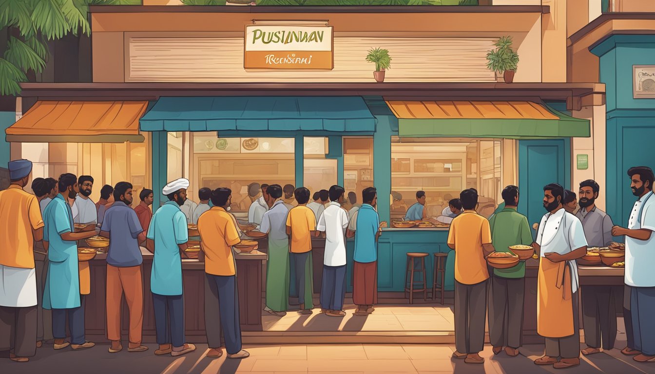 Customers lining up outside Ponnusamy restaurant, while a chef prepares traditional Indian dishes inside the bustling kitchen