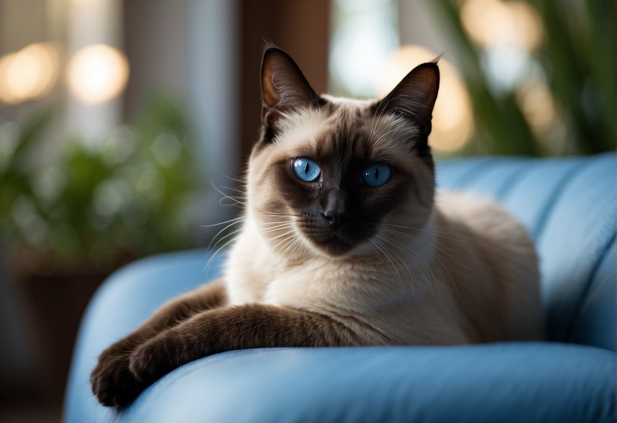 A Siamese cat sits on a cushion, its sleek body and striking blue eyes capturing attention. Allergen-free environment surrounds the feline