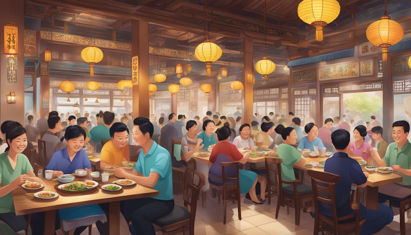 A bustling restaurant with ornate decor, steaming dishes, and cheerful patrons enjoying authentic Teochew cuisine