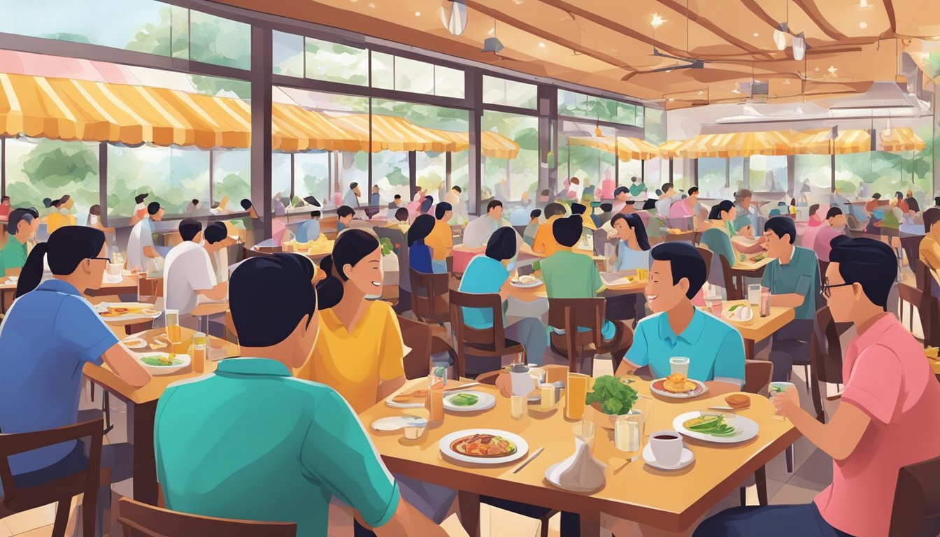 A bustling restaurant at Yishun SAFRA, filled with diners enjoying their meals and lively conversations. Tables are adorned with colorful tablecloths and the aroma of delicious food fills the air