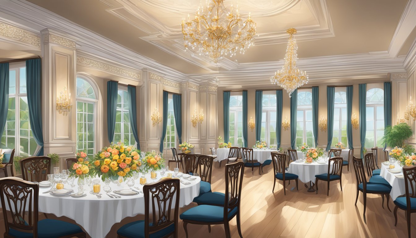 The elegant dining room features ornate chandeliers, plush seating, and a grand buffet table adorned with exquisite floral arrangements