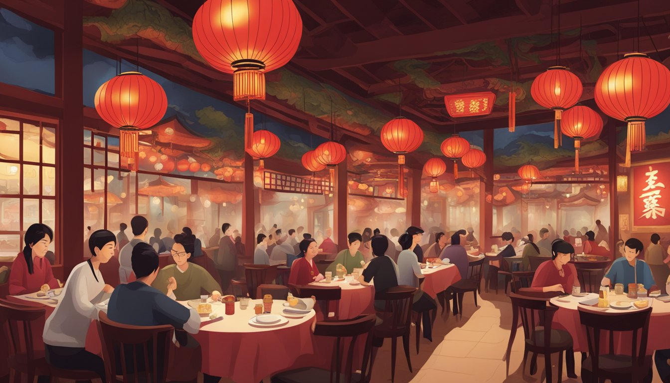 Busy restaurant with red lanterns, round tables, and a dragon mural on the wall. Aromas of sizzling woks fill the air