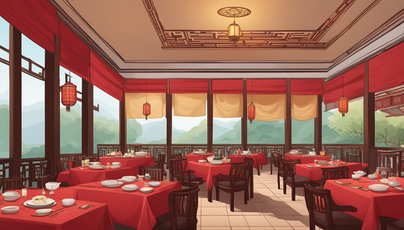 Tables set with red tablecloths, adorned with traditional Chinese decor. Dim lighting creates a cozy ambiance. Waiters serve steaming dishes of dumplings and noodles to eager diners