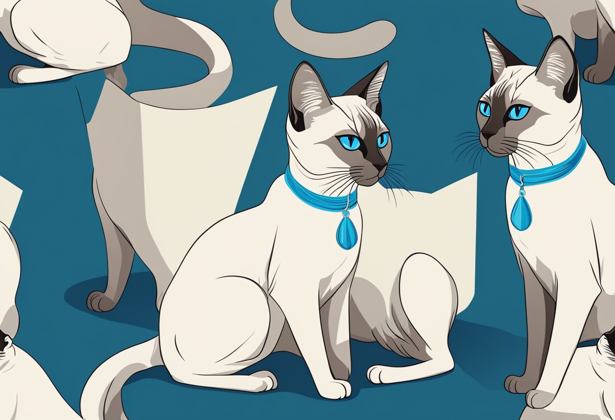 Two Siamese cats sitting side by side, their sleek, slender bodies and striking blue eyes capturing attention