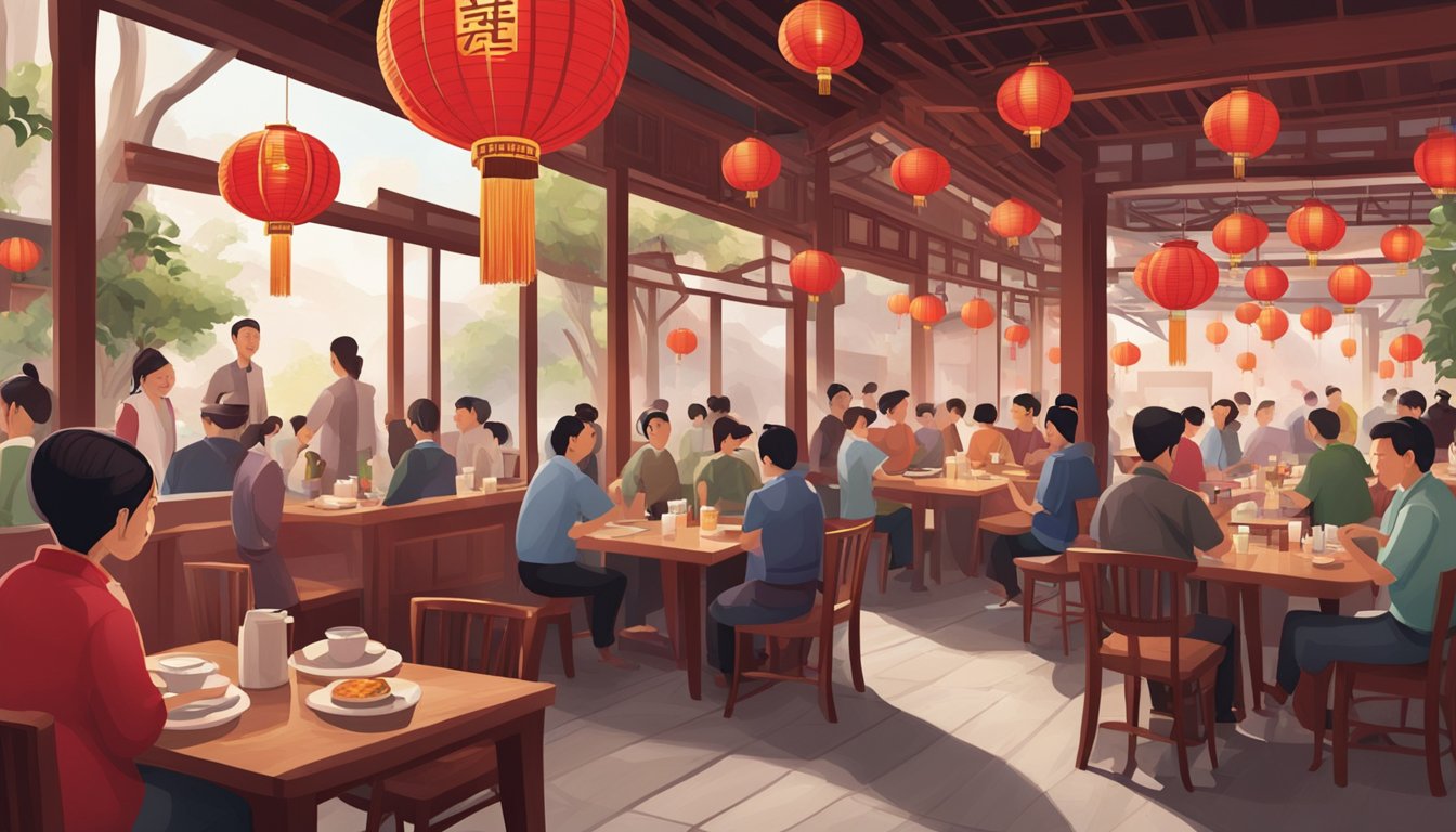 A bustling Chinese restaurant with red lanterns, wooden tables, and steaming dishes. Patrons chat and laugh as waiters rush between tables