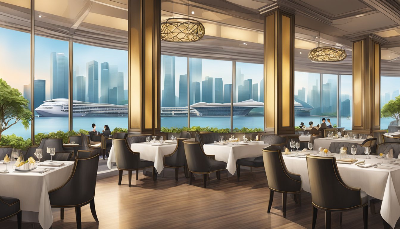 The bustling atmosphere of Marina Bay's porters restaurant is depicted with elegant decor and a panoramic view of the bay