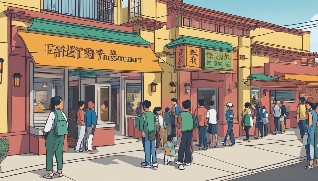 Customers line up outside the colorful entrance of Nex Chinese Restaurant, while a sign displays "Frequently Asked Questions" in bold lettering