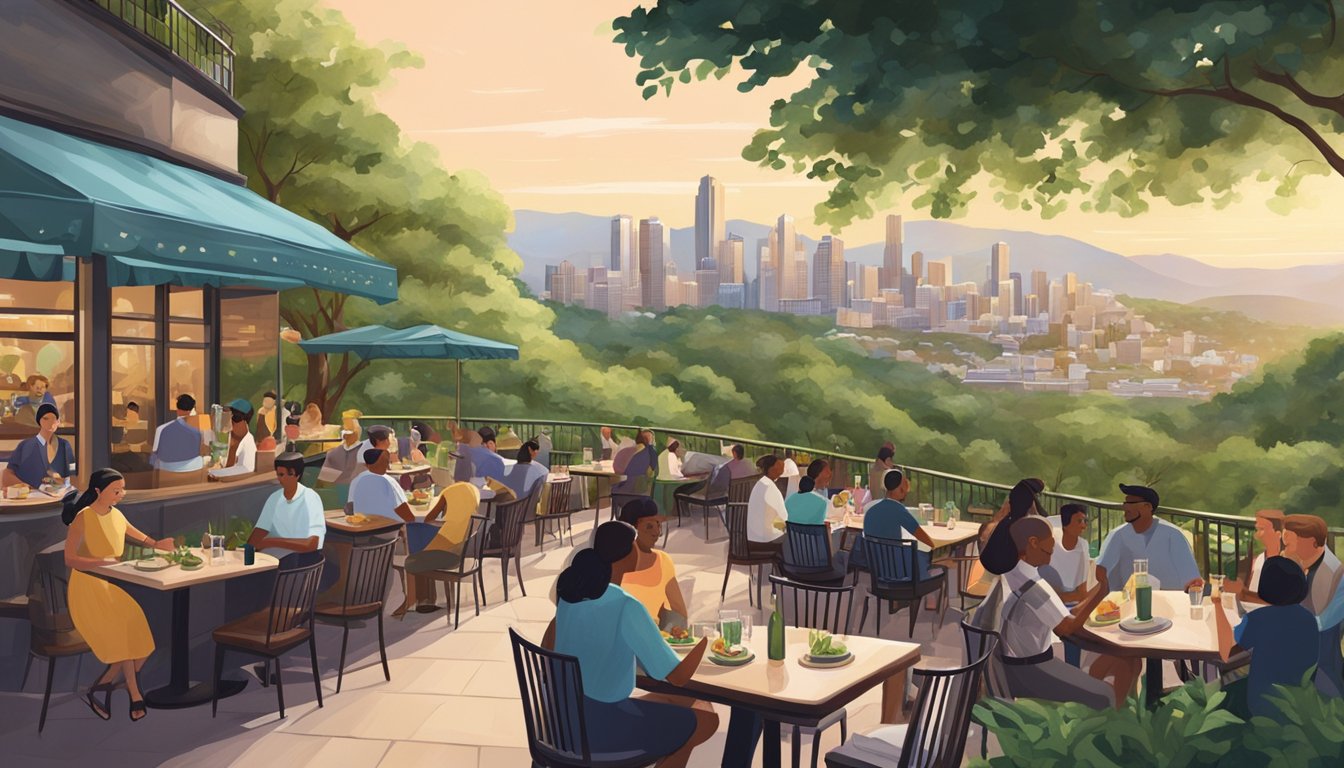 A bustling restaurant on Mount Austin, with outdoor seating, lush greenery, and a view of the city skyline. Tables are filled with diners enjoying their meals, while waitstaff move efficiently between them