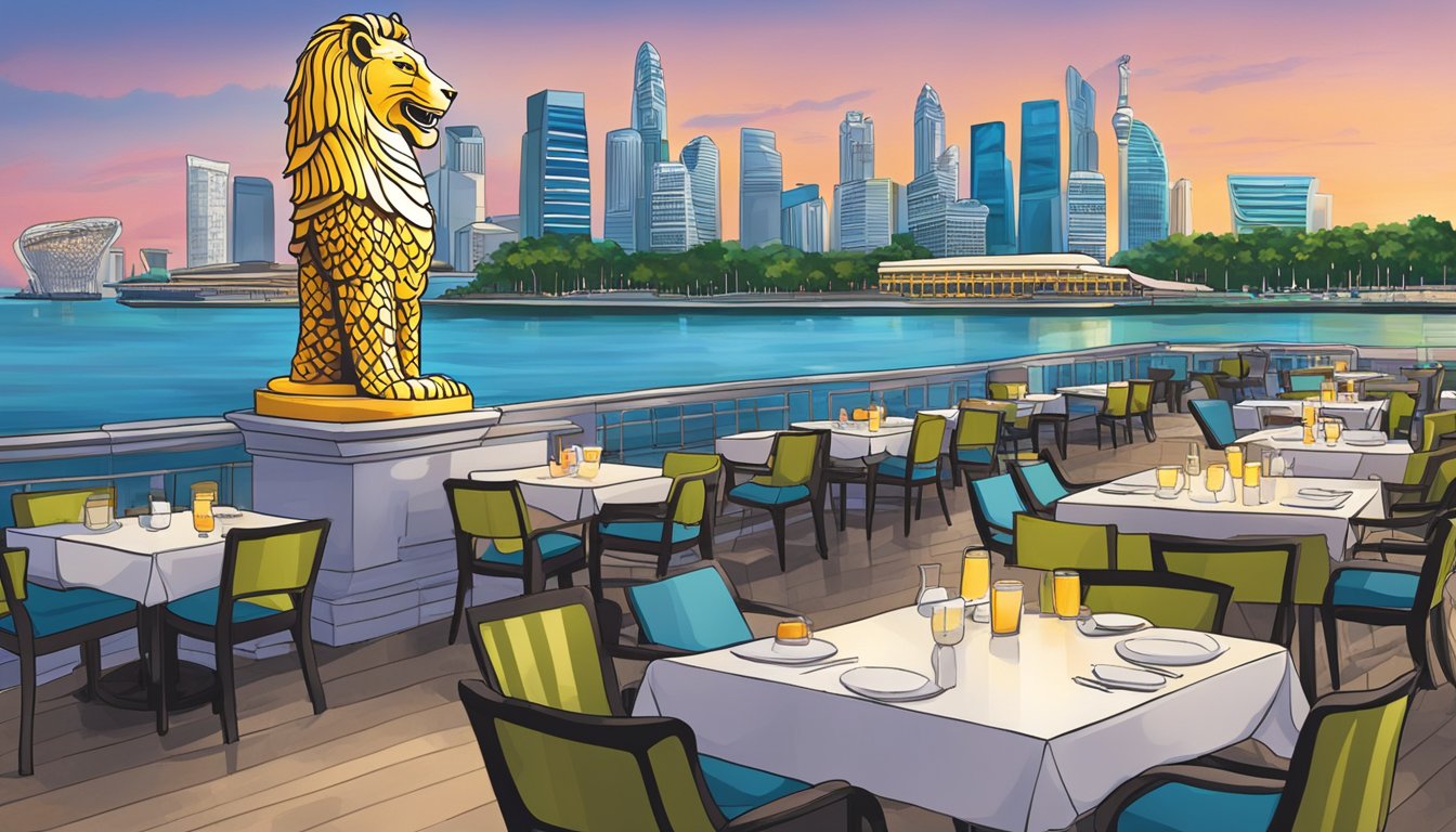 Diners enjoy waterfront views at Merlion Park's restaurants. Outdoor seating, city skyline, and iconic Merlion statue create a vibrant dining scene