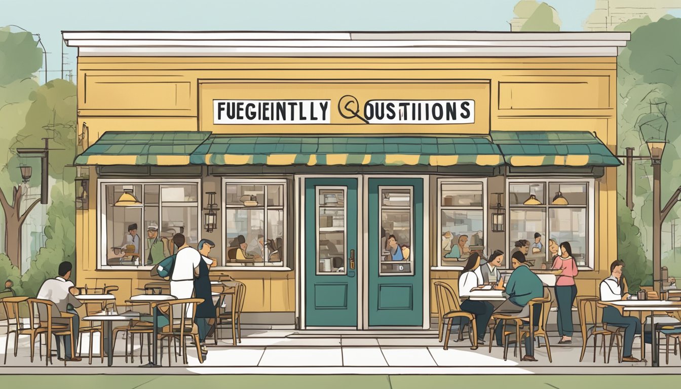 A bustling restaurant with a sign reading "Frequently Asked Questions" above the entrance. Diners enjoy their meals while staff members busily attend to tables and take orders