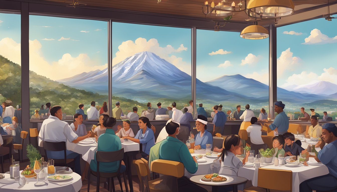 A bustling restaurant with chefs cooking up a storm, diners enjoying gourmet dishes, and a stunning view of Mount Austin in the background