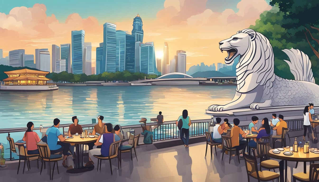A bustling restaurant overlooks the iconic Merlion Park, with diners enjoying their meals against the backdrop of the city skyline and the majestic Merlion statue