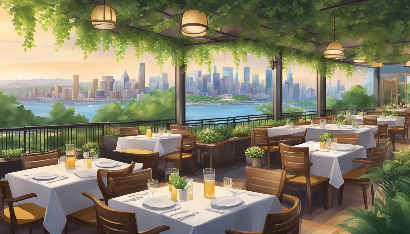 A bustling restaurant with outdoor seating, surrounded by lush greenery and overlooking a scenic view of the city skyline