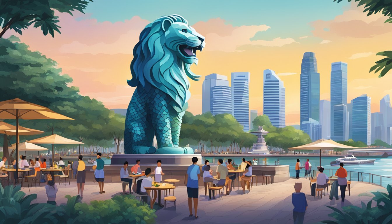 The merlion statue stands tall in the park, with a bustling restaurant nearby. Tourists and locals gather, enjoying the view and dining by the water