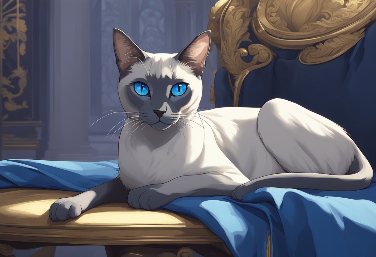 A regal Blue Point Siamese cat perches on a velvet cushion, gazing intently with piercing blue eyes. Its sleek, slender body is adorned with dark points on its ears, face, paws, and tail, creating an air