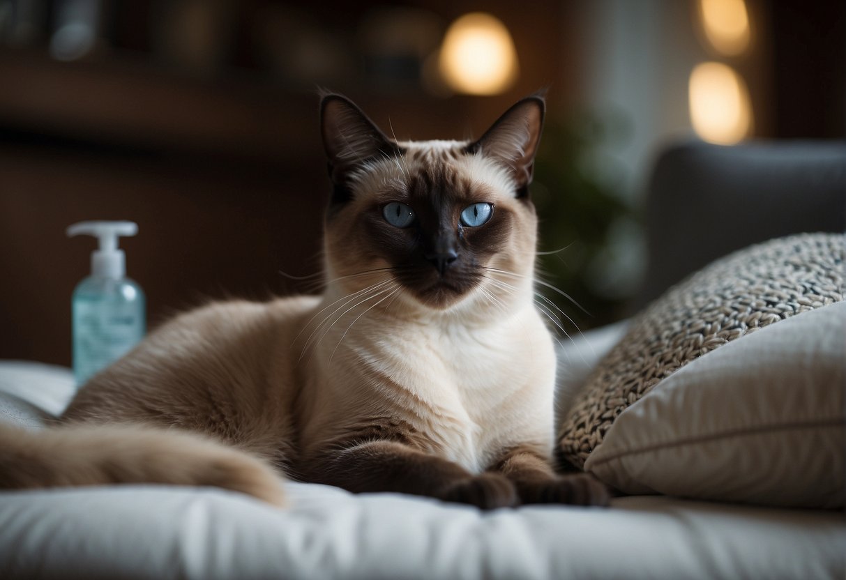A Siamese cat sits on a cushion, surrounded by allergy management items like air purifiers, hypoallergenic bedding, and allergy medication