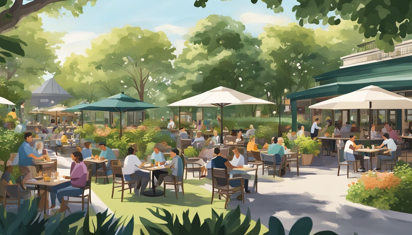 Parkland green restaurants bustling with diners, surrounded by lush greenery and outdoor seating