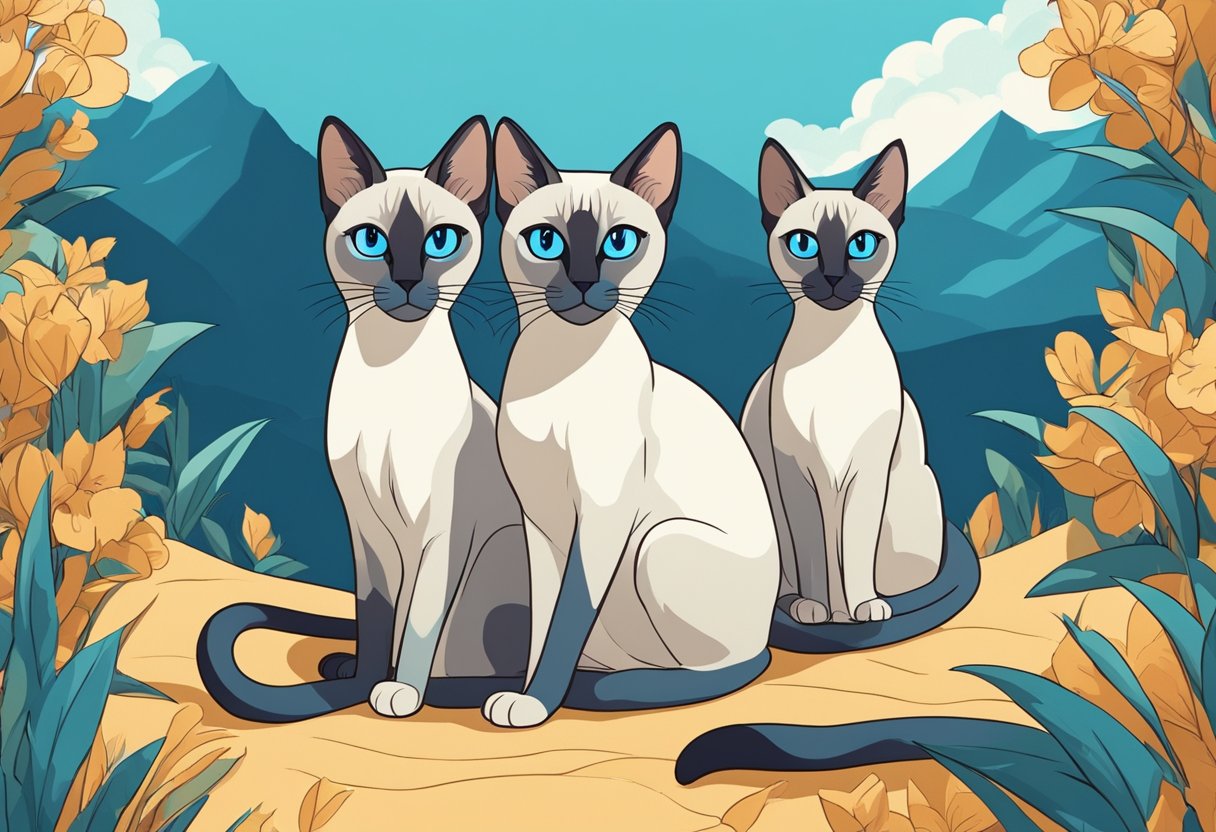 Two Siamese cats sitting side by side, their bright blue eyes staring curiously at the viewer. Their sleek, slender bodies and pointed ears exude an air of elegance and intelligence