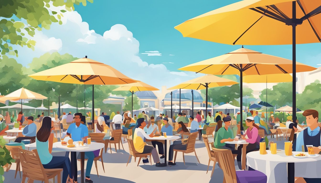 A bustling outdoor dining area with colorful umbrellas and tables filled with delicious food and drinks. People are enjoying the sunny weather while savoring their culinary delights at Parkland Green restaurants