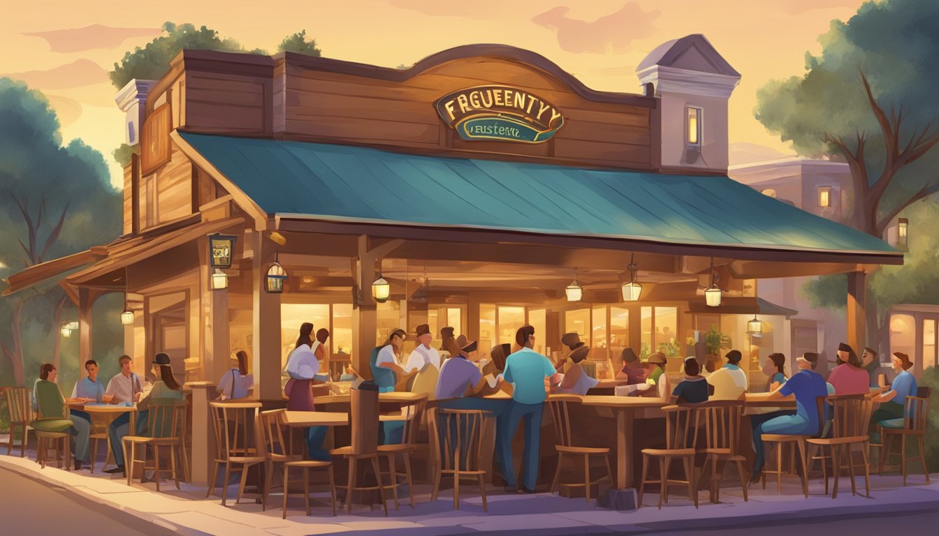 A bustling restaurant with a sign "Frequently Asked Questions" in a vibrant, affordable Western theme. Customers enjoy meals and friendly service in a cozy atmosphere