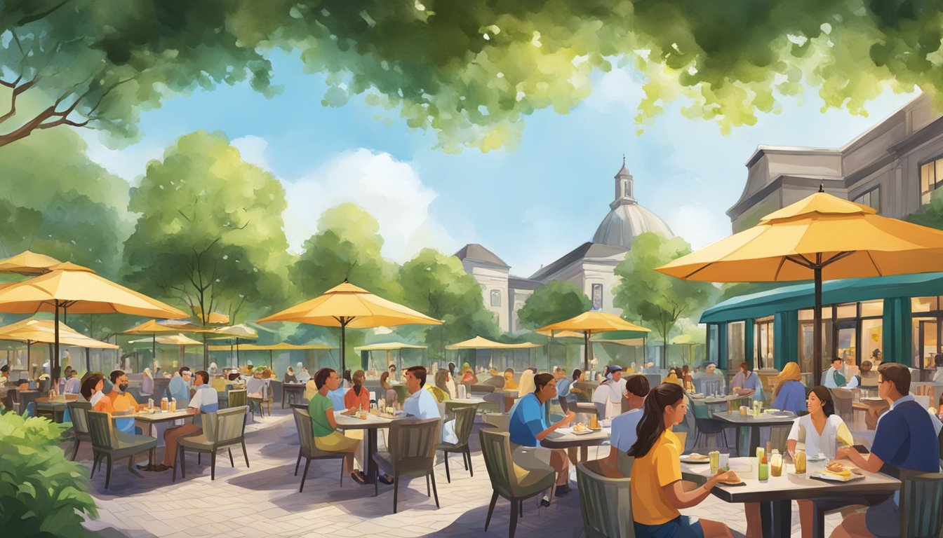 The parkland is filled with vibrant greenery, and the restaurants are bustling with activity. Visitors are seen asking questions and enjoying the outdoor dining experience